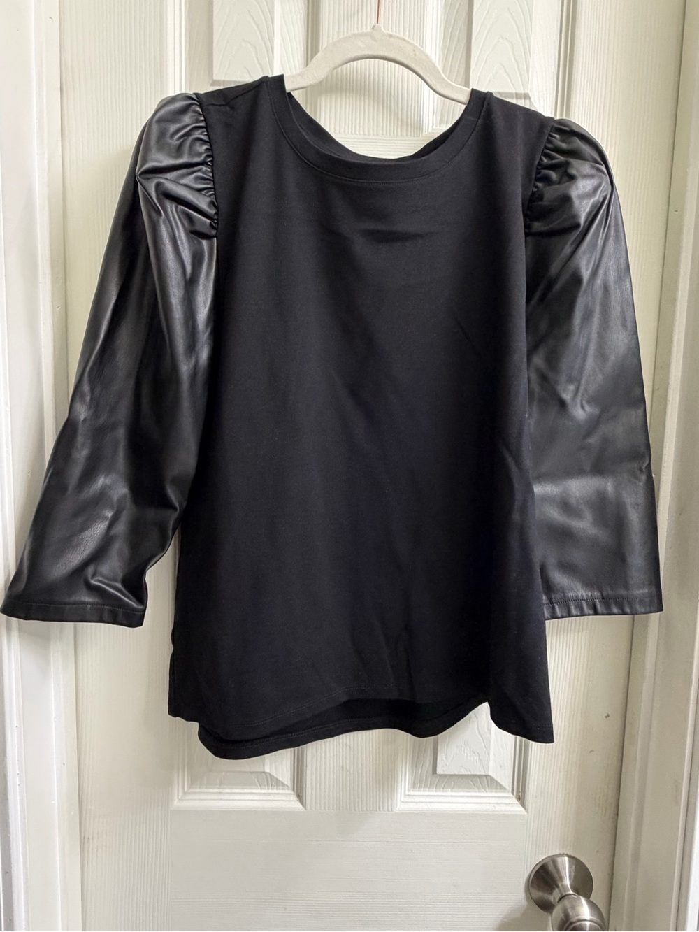 Ann Taylor Black Top with Faux Leather Puff Sleeves